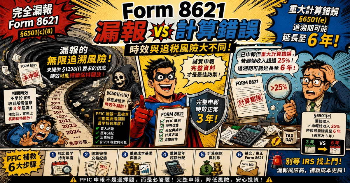 PFIC Form 8621漏报与重大计算错误比较图，说明IRC §6501(c)(8)评税时效、PFIC补报、Form 8621更正申报、追税风险及补救流程。