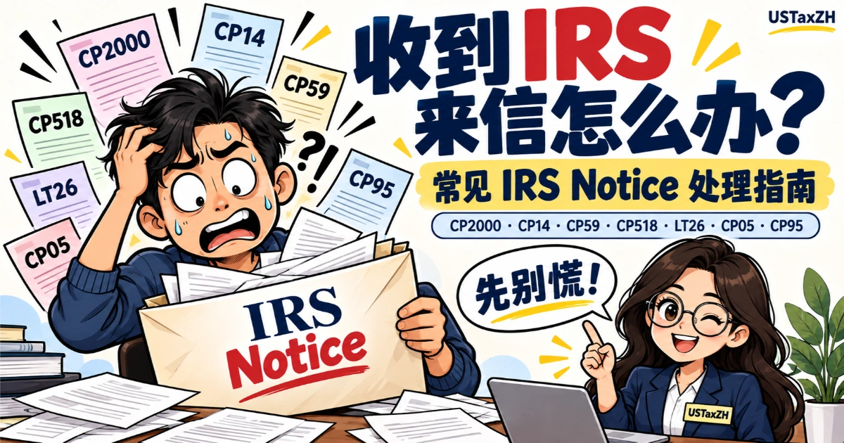 收到 IRS 来信怎么办？常见 IRS Notice 处理指南：CP2000、CP14、CP59、CP518、LT26、CP05、CP95。