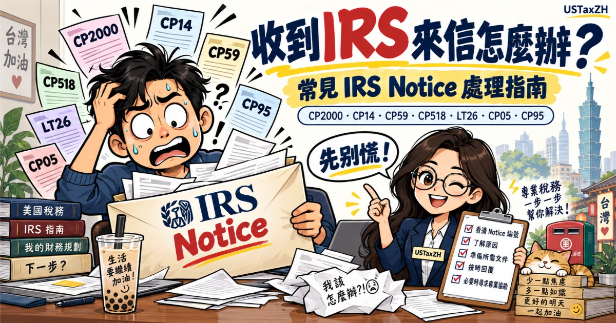 收到 IRS 來信怎麼辦？常見 IRS Notice 處理指南：CP2000、CP14、CP59、CP518、LT26、CP05、CP95。