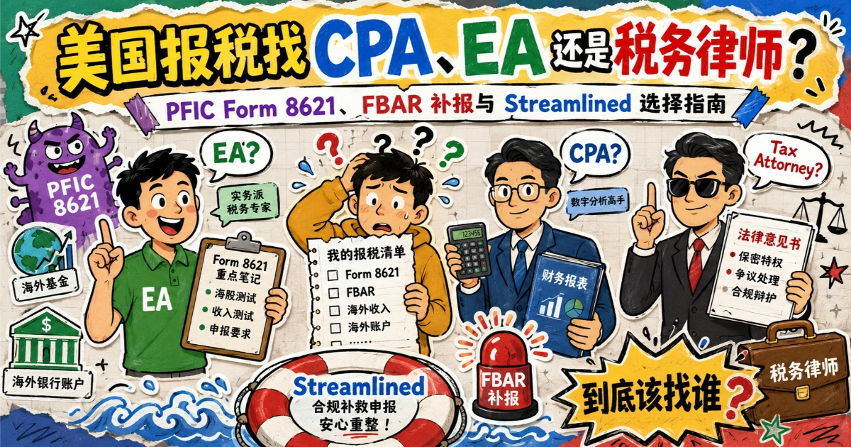 美国报税选择 CPA、EA 还是税务律师：针对 PFIC Form 8621、FBAR 与 Streamlined 简易申报的专业资质对比图