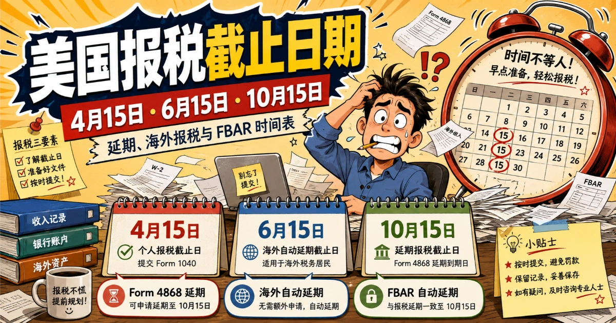 美國報稅截止日期手繪漫畫圖，展示4月15日、6月15日、10月15日延期、海外報稅與FBAR時間表