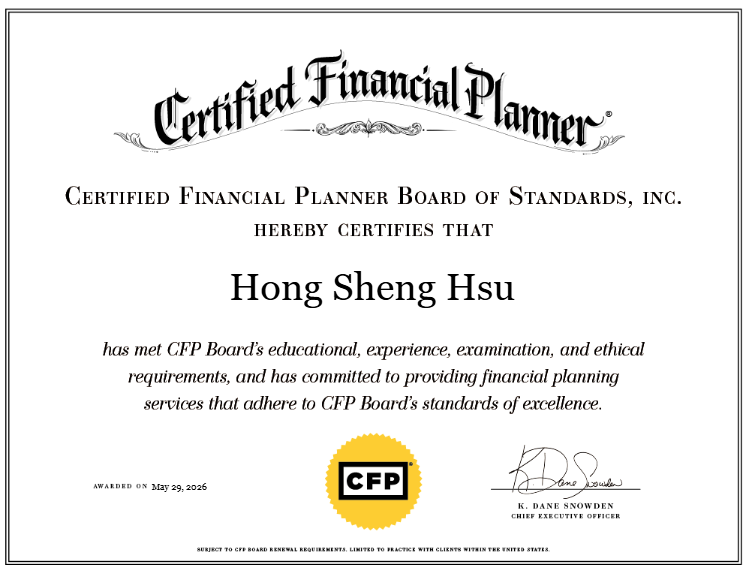 Hong Sheng Hsu 的 CFP Board CERTIFIED FINANCIAL PLANNER 證書